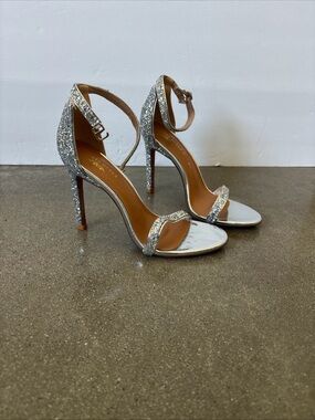 Glitter Ankle-Strap Stiletto Sandals in Silver